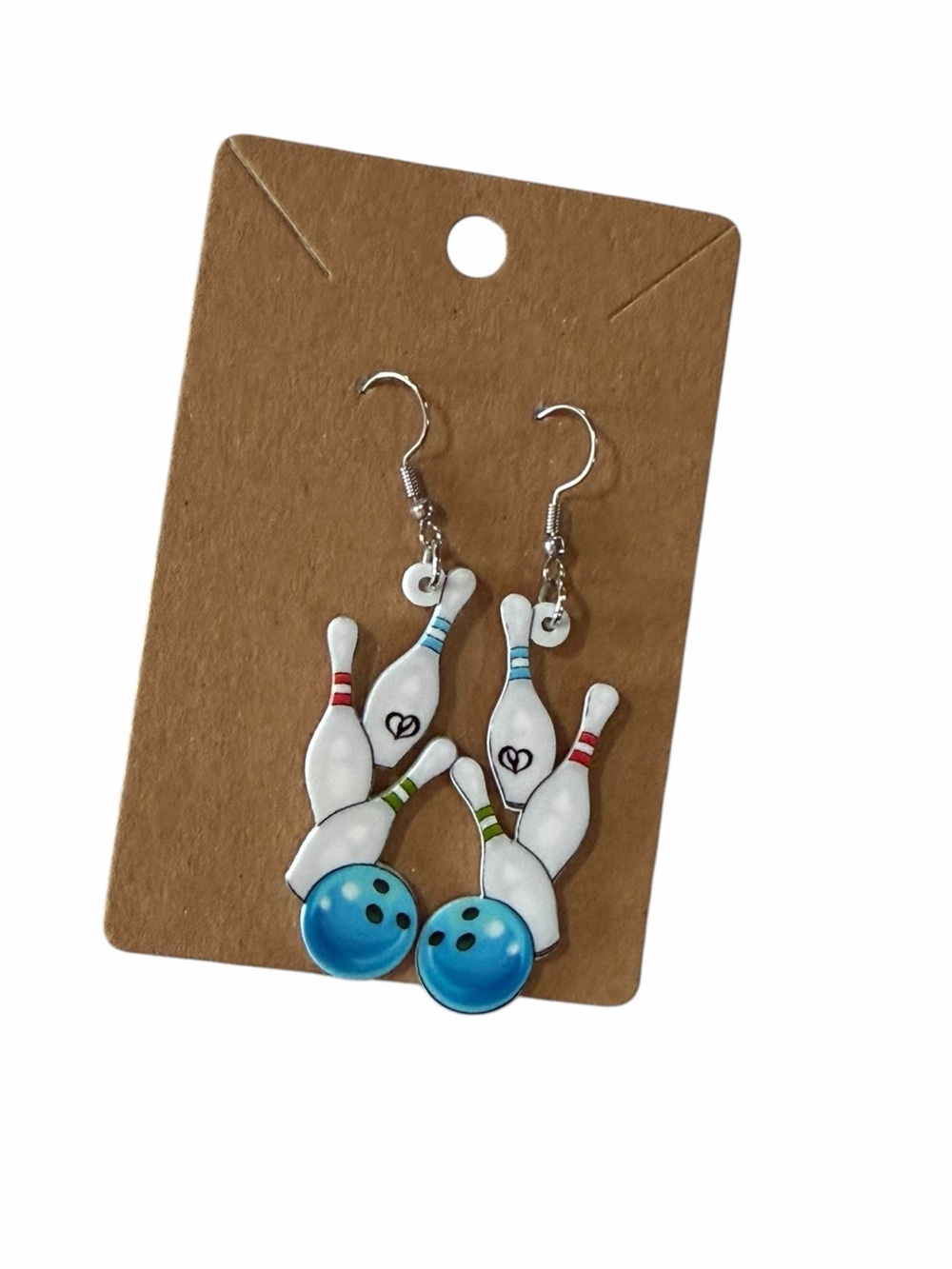 Playful Bowling Pin & Ball Dangle Earrings - White and Blue